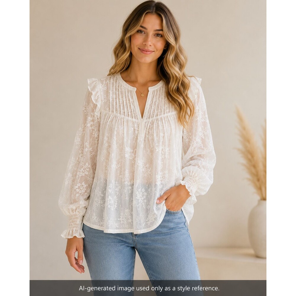 Tendency Women’s White Sheer Floral Embroidered V-Neck Blouse Long Sleeve M